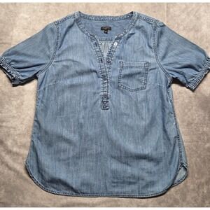 Talbots Medium Petite Blue Denim Short Sleeve 1/4 Button Up Popover Top Boho